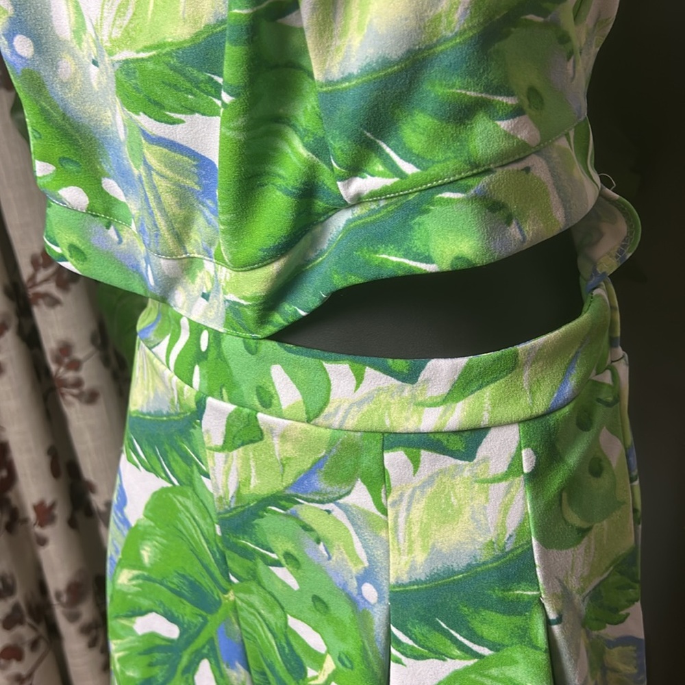 Madden NYC Halter Romper with Cut Outs Green and Blue Tropical Leaf Print romper - Picture 4 of 7